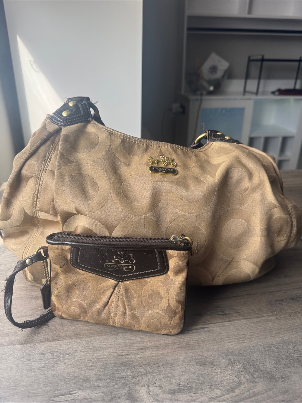 Vintage Coach Khaki and Brown Signature Shoulder Bag with Matching Wristlet
